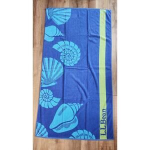 Vintage LL Bean Jumbo Beach Towel Blue Seashell Turkish Cotton Vguc Embroidered